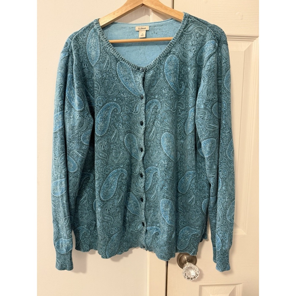 LL Bean Sweater Womens 1X Blue Paisley Button Up Cardigan Supima Cotton Western